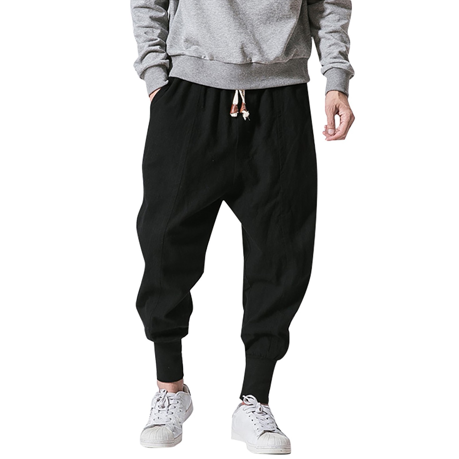 thumbnail image 5 of Pantalones de algodón y lino con entrepierna baja para hombre: cintura elástica, pantalones informales para todas las estaciones, tallas M-XXXL, 5 of 8